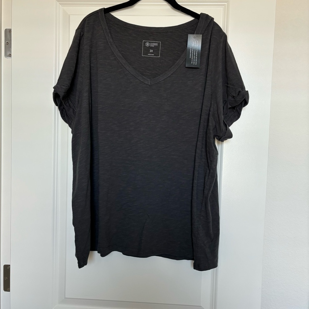 Candace Cameron Bure The Sunkissed Garment Dyed Linen Blend V-neck Tee Gray 2X